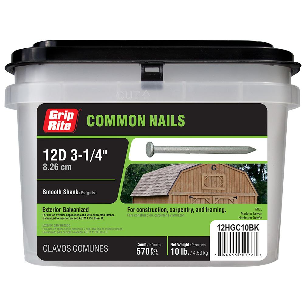 12HGC10BK Common Nail, 12D, 3-1/4 in L, Steel, Hot-Dipped Galvanized, Flat Head, Smooth Shank, Gray, 570/PK