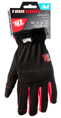 9008123 Utility Work Gloves, M, Elastic Cuff, Foam/Leather, Black/Red