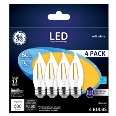 93129342 Decorative LED Light Bulb, Bent Tip, CA11 Lamp, 60 W Equivalent, E26/24 Medium Lamp Base, Dimmable, Clear