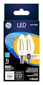 93129347 Decorative LED Light Bulb, BC Lamp, 60 W Equivalent, E12 Candelabra Lamp Base, Dimmable, Clear, Soft White Light