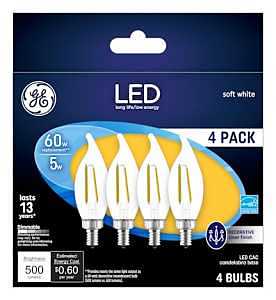 93129333 Decorative LED Light Bulb, Bent Tip, 500 Lumens, 5 W, CAC Lamp, 60 W Equivalent, E12 Candelabra Lamp Base