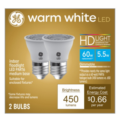 93129780 LED Light Bulb, PAR16 Lamp, 65 W Equivalent, Medium Lamp Base, Dimmable, Clear, Warm White Light