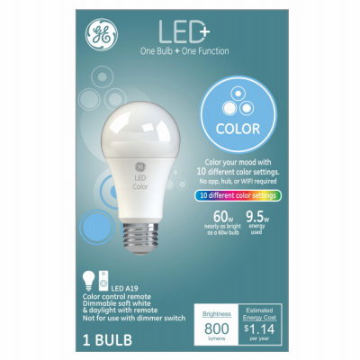 93128968 LED Bulb, A21 Lamp, 60 W Equivalent, E26 Medium Lamp Base, Dimmable, Frosted, Daylight/RGB/Soft Light