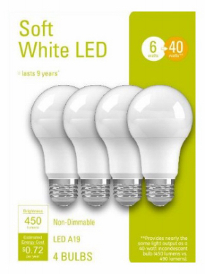 93130415 LED Bulb, A19 Lamp, 40 W Equivalent, E26 Medium Lamp Base, White, Soft White Light, 2700 K Color Temp