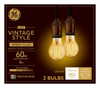 48556 LED Bulb, A-Style Edison, A19 Lamp, 60 W Equivalent, E26 Medium Lamp Base, Dimmable, Amber, Warm White Light