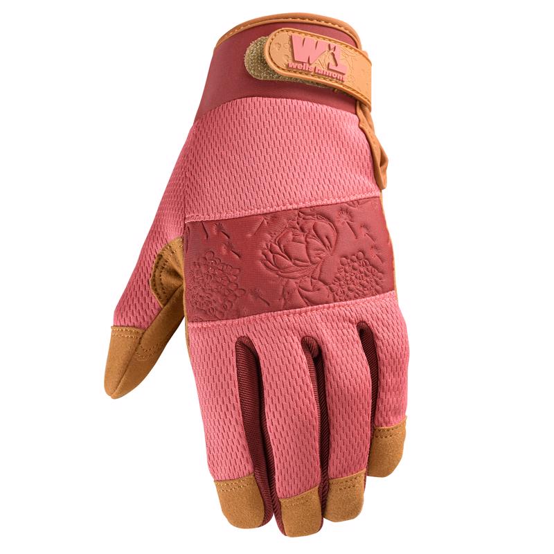 7759M-700 Work Gloves, Women's, M, Touchscreen Thumb, Adjustable Wrist Strap Cuff, Leather/Spandex, Pink