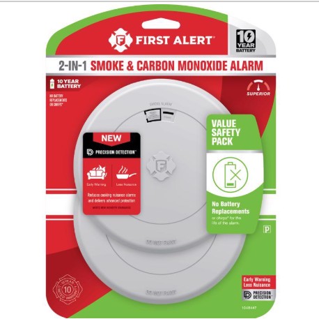 1048447 Smoke and Carbon Monoxide Alarm, Lithium-Ion Battery, Electrochemical, Photoelectric Sensor, 85 dB, 2 PK