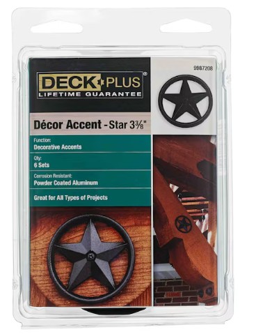9987208 Star Decor Accent, 3-3/8 in W, Aluminum, Black, Powder-Coated