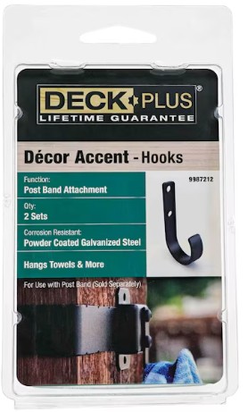 9987212 Towel Hook Deck Post, 1.63 in W, Steel, Black, Powder-Coated Galvanized