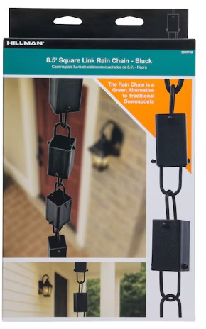 9987758 Rain Chain, 8-1/2 in L, Single Link, Aluminum, Black