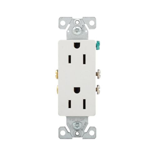 1107W-10-L Duplex Receptacle, 2-Pole, 15 A, 125 VAC, Push, Side Wiring, NEMA: 5-15R, White