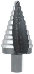 Unibit 10235 Step Drill Bit, 1/4 to 1-3/8 in Dia, 3-1/8 in OAL, 1-Flute, 1/2 in Dia Shank, Hex Shank