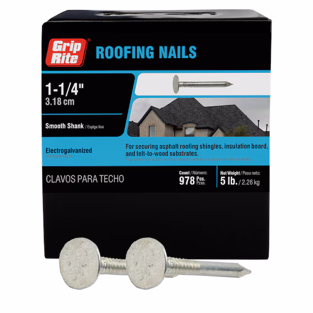 114EGRFG5 Roofing Nail, 1-1/4 in L, Wide Flat Head, 11 ga, Steel, 978/BX