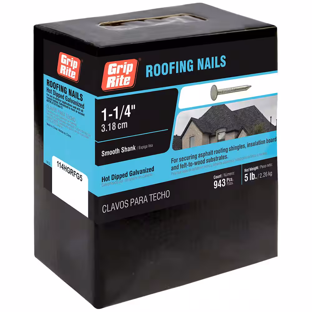 114HGRFG5 Roofing Nail, 1-1/4 in L, Wide Flat Head, 11 ga, Steel, 943/BX