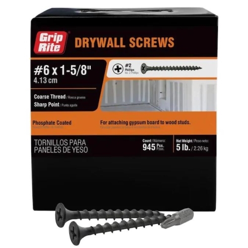 158CDWS5 Screw, #6 Thread, 1-5/8 in L, Coarse Thread, Bugle Head, Phillips Drive, Steel, Phosphate, 5 lb