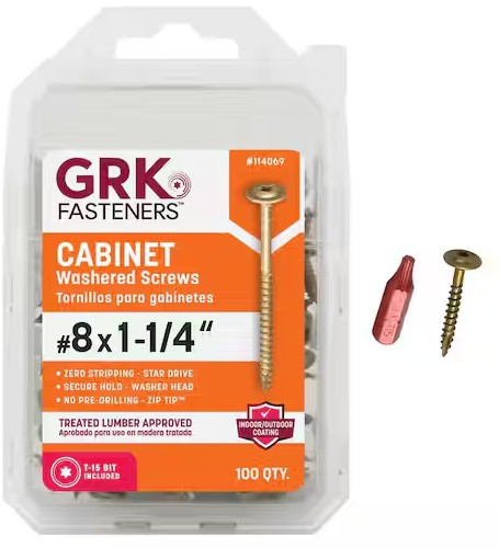 12069 Cabinet Screw, #8 Thread, 1-1/4 in L, Coarse Thread, Washer Head, Star Drive, Steel, Yellow Zinc, 100 PK