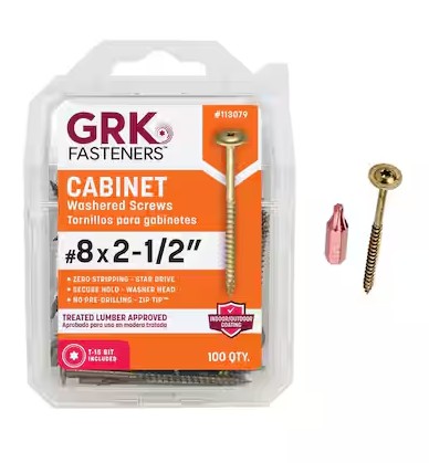 12079 Cabinet Screw, #8 Thread, 2-1/2 in L, Coarse Thread, Low-Profile, Washer Head, Star Drive, Steel, 100 PK