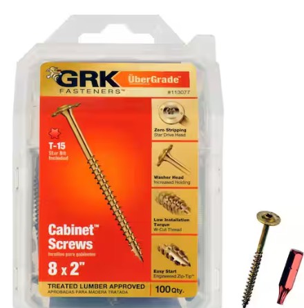 12073 Cabinet Screw, #8 Thread, 1-1/2 in L, Coarse Thread, Washer Head, Star Drive, Steel, 100 PK