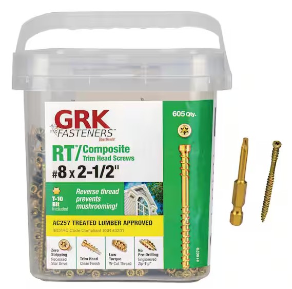 RT Series 16079 Screw, #8 Thread, 2-1/2 in L, Reverse Thread, Trim Head, Star Drive, Brass, Steel, 605 PAIL