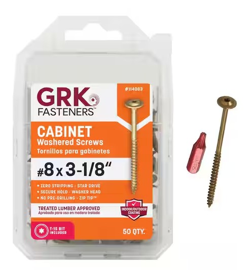 12083 Cabinet Screw, #8 Thread, 3-1/8 in L, Coarse Thread, Washer Head, Star Drive, Steel, Yellow Zinc, 50 PK