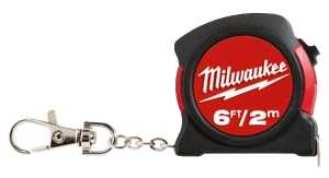 48-22-1706 Keychain Tape Measure, 6 ft L Blade, 13 mm W Blade, Steel Blade, ABS Case, Black/Red Case