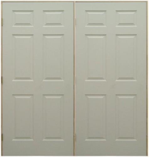 60 in x 80 in, 6 Panel, Textured, Hollow Core, Double Prehung Door, Yellow Zinc Hinges, 2-1/2 in Colonial Casing