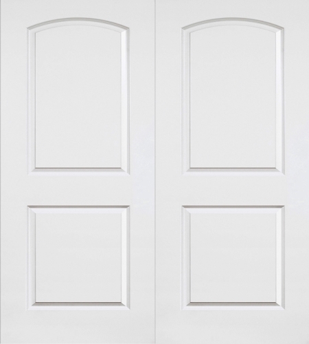 48 in x 80 in, Round Top, 2 Panel, Smooth, Primed, Hollow Core, Interior Double Prehung Door, Satin Nickel Hinges