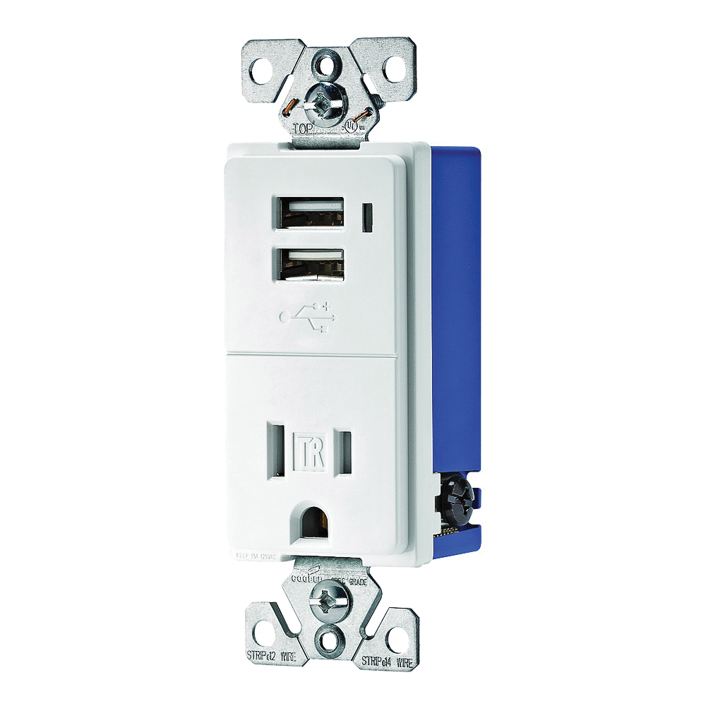 TR7740W-K Combination USB Receptacle, White, 2-Pole, 0.7 A USB, 15 A Receptacle, 2-USB Port