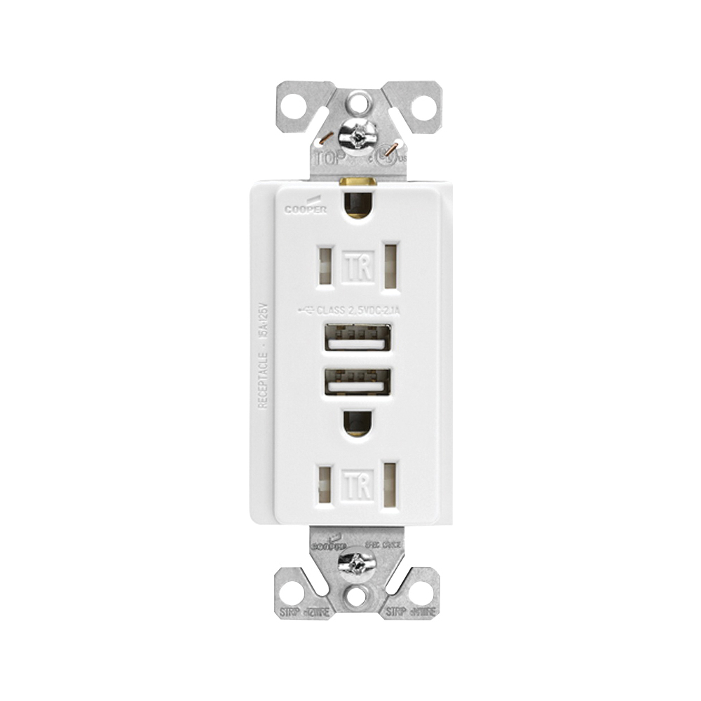 TR7755W-K Combination USB Receptacle, White, 2-Pole, 3.1 A USB, 15 A Receptacle, 2-USB Port