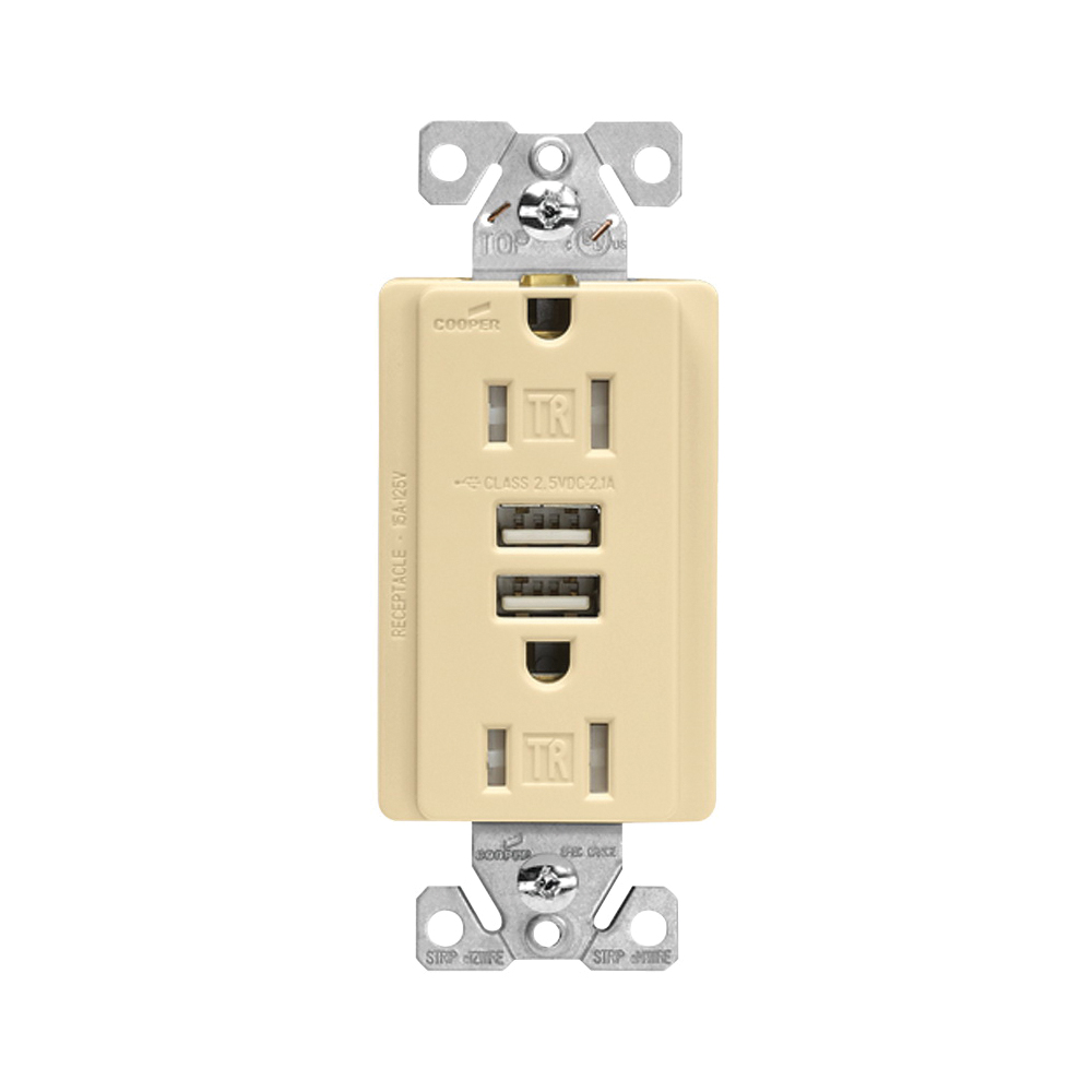 TR7755V-K/TR7745V Combination USB Receptacle, 2 -Pole, 3.1 A USB, 15 A Receptacle, 2 -USB Port, Ivory