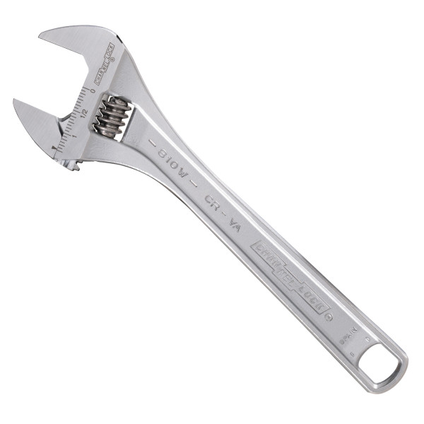 WIDEAZZ Series 810W Adjustable Wrench, 10 in OAL, 1.38 in Jaw, Steel, Chrome, Plain-Grip Handle
