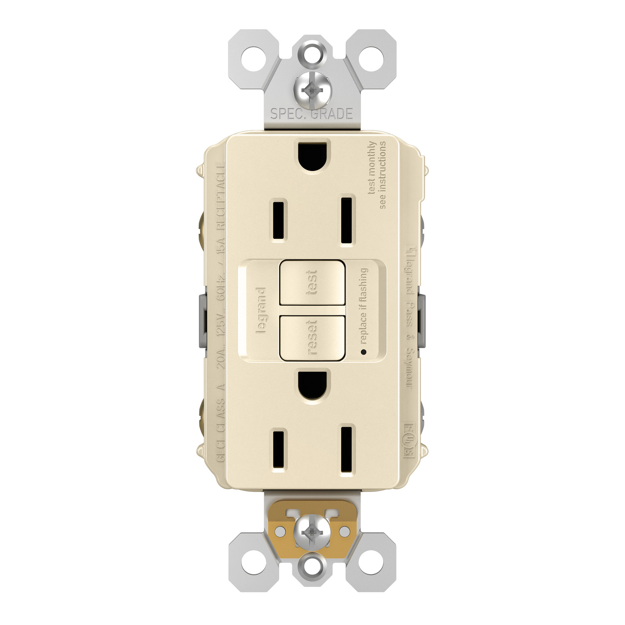 Pass & Seymour radiant Series 1597LACCD12 GFCI Duplex Receptacle, Nylon, Light Almond, 2-Pole, 15 A, 3-Wire
