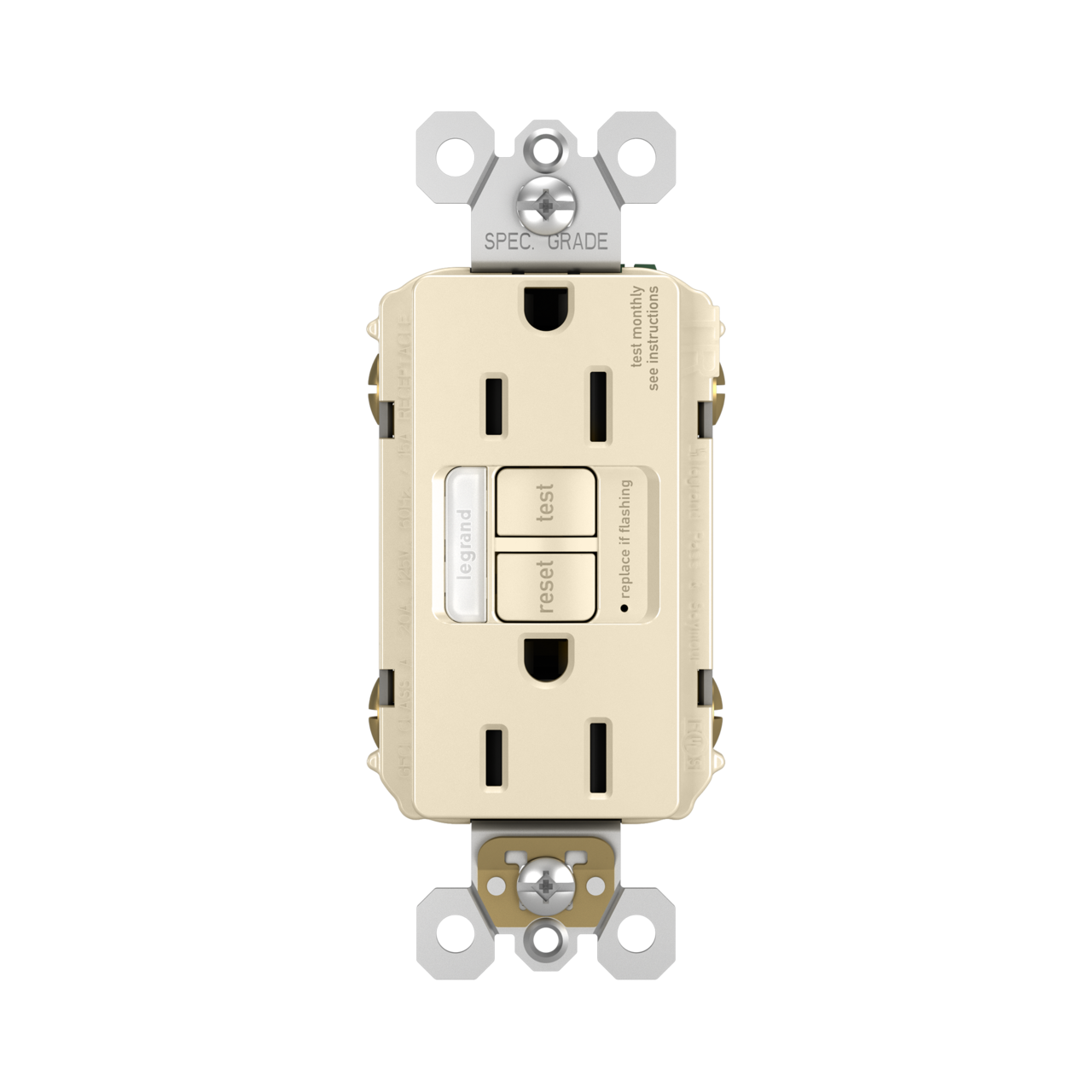 radiant 1597NTLTRLACCD4 Nightlight/GFCI Receptacle, 2 -Pole, 15 A, 125 VAC, Back, Side Wiring