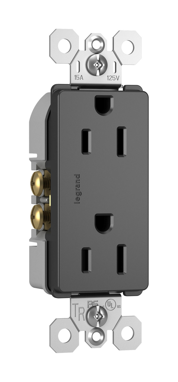 Pass & Seymour radiant Series 885TRBKCC8 Duplex Receptacle, Thermoplastic, Black, 2-Pole, 15 A, 125 V, NEMA: 5-15R
