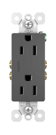 Pass & Seymour radiant Series 885BKCC12 Duplex Receptacle, Thermoplastic, Black, 2-Pole, 15 A, 125 V, Push, Side Wiring
