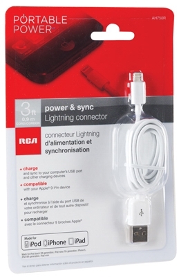RCA ARAH750Z Lightning Power and Sync Cable, Male, Male, White, 3 ft L