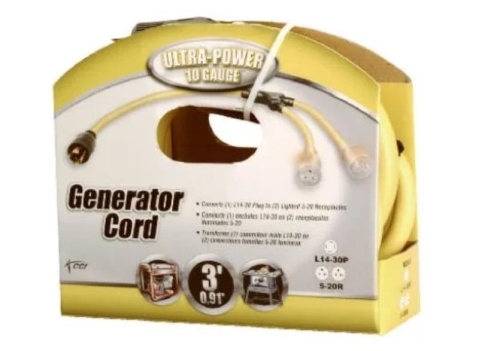 01934-88-02 Generator Power Cord, 10 AWG Cable, 3 ft L, 20 A, 125/250 VAC, Yellow