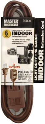 09401 Extension Cord, 16 AWG Cable, Cube Tap, 6 ft L, 13 A, 125 V, Brown