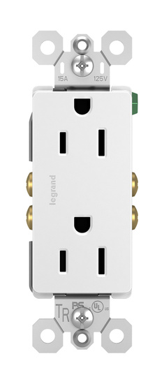 Pass & Seymour radiant Series 885TRWCC12 Duplex Receptacle, Thermoplastic, White, 2-Pole, 15 A, 125 V, NEMA: 5-15R