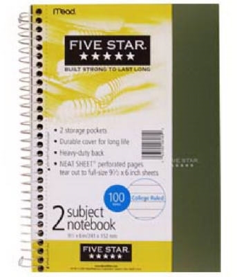06180 Two-Subject Notebook, Ruled Sheet, 9-1/2 x 6 in Sheet, 100-Sheet, White Sheet, Wirebound Binding