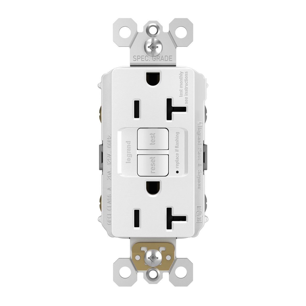 Pass & Seymour radiant Series 2097WCCD12 GFCI Duplex Receptacle, Nylon, White, 2-Pole, 20 A, 125 VAC, Back, Side Wiring