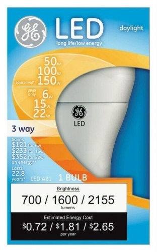 24179 LED Bulb, 3-Way, A21 Lamp, 50, 100, 150 W Equivalent, E26 Lamp Base, Dimmable, Daylight Light