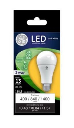 24095 LED Bulb, 3-Way, A21 Lamp, 30, 70, 100 W Equivalent, E26 Lamp Base, Dimmable, Soft White Light