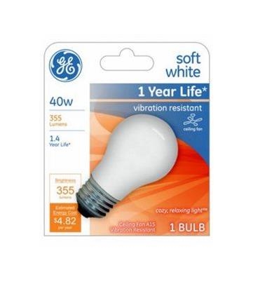 99461 Ceiling Fan Bulb, 40 W, A15 Lamp, Medium Lamp Base, 355 Lumens Lumens, White Light