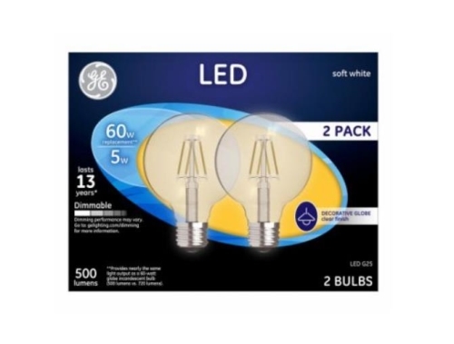 LED Globe Light Bulbs, Soft White, Clear, Dimmable, 500 Lumens, 5-Watts, 2-Pk.