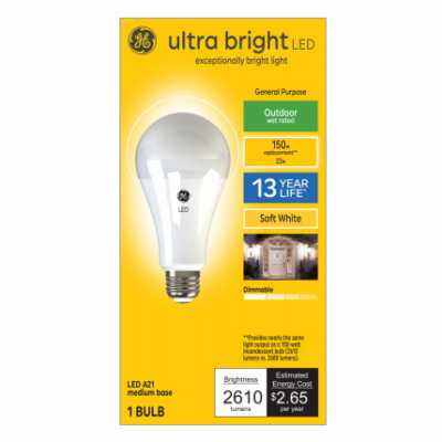 Ultra Bright 93129366 Light Bulb, A23 Lamp, 150 W Equivalent, Medium (E26) Lamp Base, Dimmable, Soft White Light