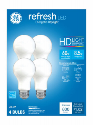 GE 93129425 LED Light Bulb, General-Purpose, A19 Lamp, 60 W Equivalent, E26 Medium Lamp Base, Dimmable, Daylight Light