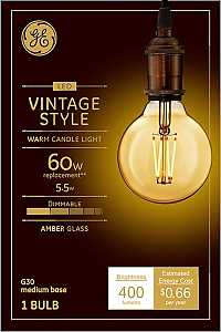 42183 Light Bulb, Vintage, G30 Lamp, 60 W Equivalent, Medium (E26) Lamp Base, Dimmable, Amber, Warm White Light