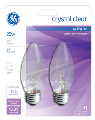 GE 22756 Ceiling Fan Bulb, 25 W, B13 Lamp, E26 Medium Lamp Base, 170 Lumens, 2500 K Color Temp