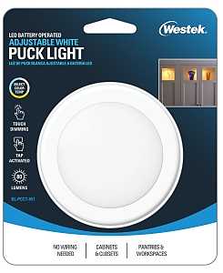 Westek BL-PCCT-W1 Adjustable Puck Light, AA Battery, LED Lamp, 80 Lumens, 3000, 4000, 5000 K Color Temp, White, 1/CD